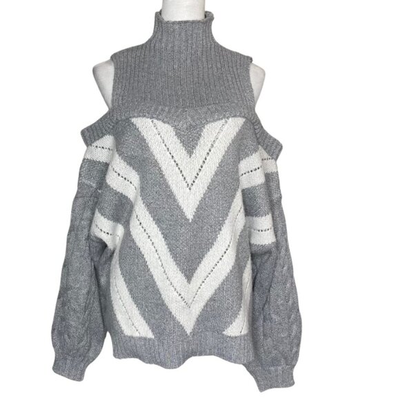 Women's Geometric Cold Shoulder Fisherman Knit Mock Neck Bell Sleeve Sweater 2X - Picture 1 of 5